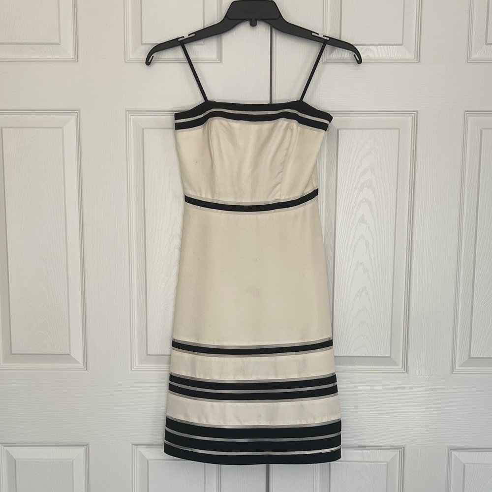 Ann Taylor Strapless Cream Dress with Black Stripes
